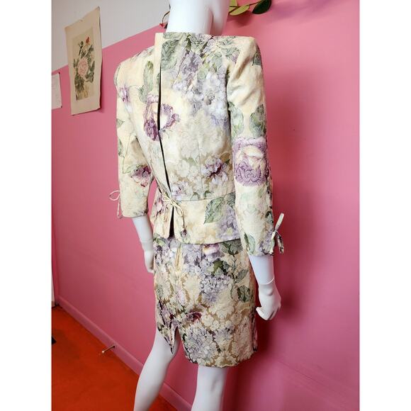 Vintage 1990's Tapestry Sheath Dress Peplum Blazer Suit Set Floral Garden Party - Picture 4 of 10